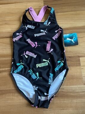 Puma Girls One Piece Swimsuit 6X NWT Black Logo